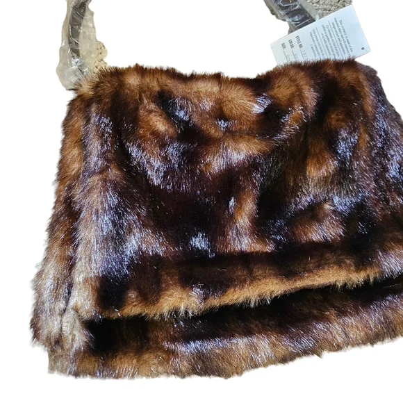 Terry Lewis Vintage Faux Mink Bauette Leather Strap Shoulder Bag Brown Black - Picture 2 of 7